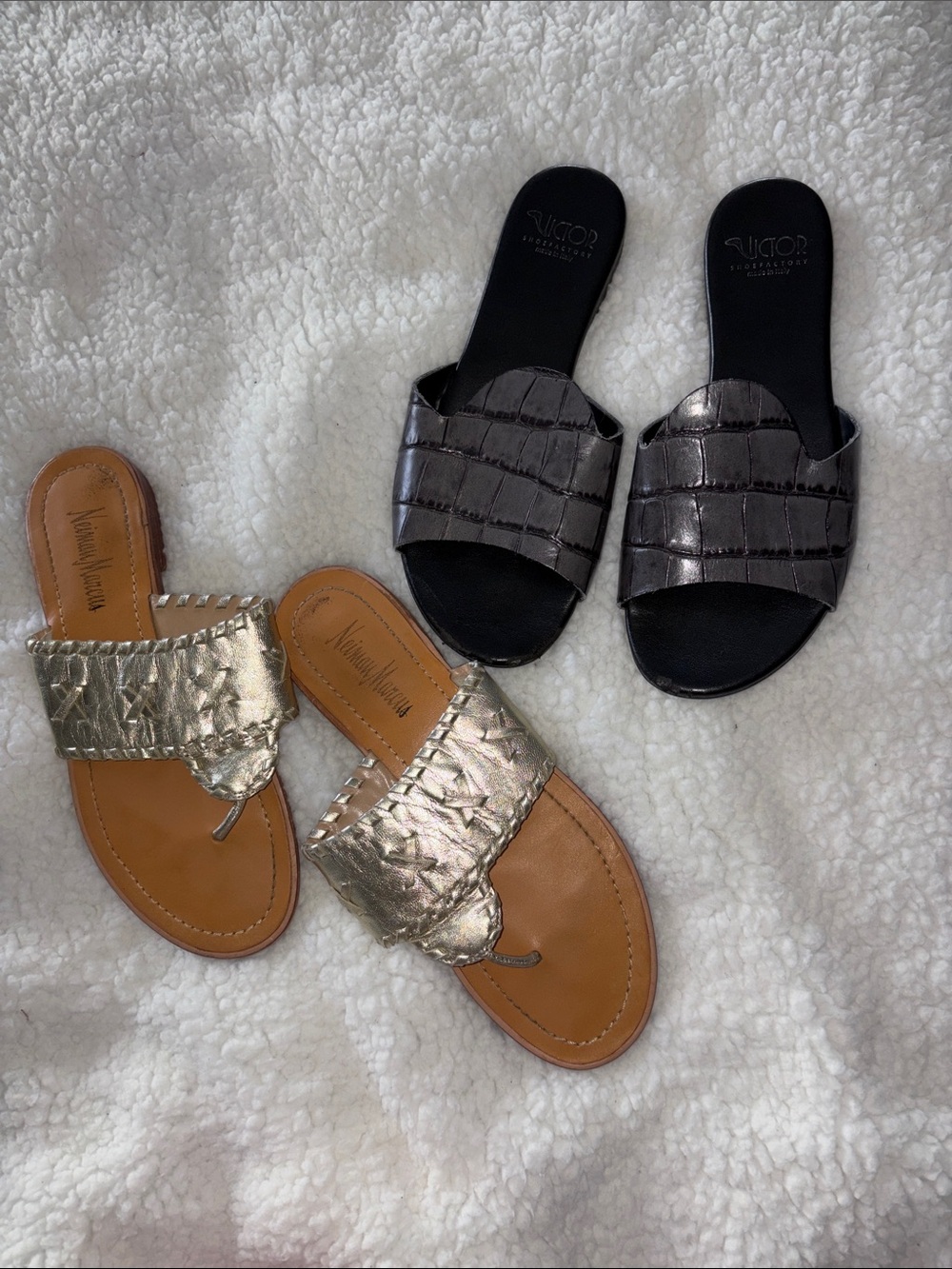 Neiman Marcus Metallic Gold Leather Slide Sandals bundle of two pairs size 6.5